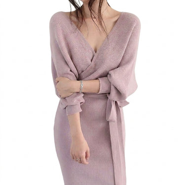 Abito midi a portafoglio in maglia da donna con cintura 1