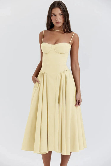 Abito midi da donna con corpetto a bustier e tasche laterali 5
