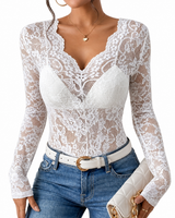Body a maniche lunghe in pizzo da donna con scollo a V smerlato 1