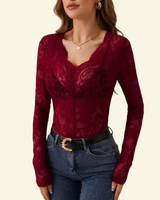 Body a maniche lunghe in pizzo da donna con scollo a V smerlato 4