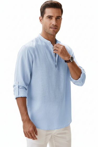 Camicia Henley da uomo a maniche lunghe con colletto alla coreana 2