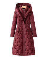 Cappotto imbottito lungo da donna con cappuccio e trapuntatura geometrica 1