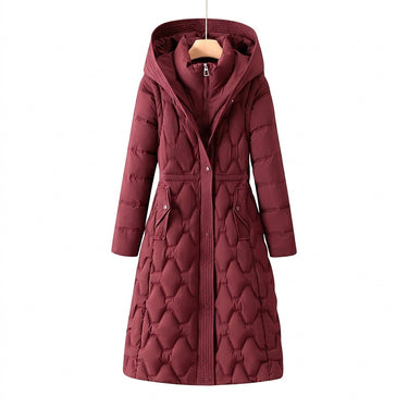 Cappotto imbottito lungo da donna con cappuccio e trapuntatura geometrica 1