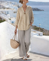 Completo Donna con Blusa a Righe e Pantaloni a Gamba Larga 3