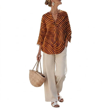 Completo Donna con Blusa a Righe e Pantaloni a Gamba Larga 4