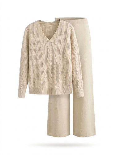 Completo da donna con maglione a trecce con scollo a V e pantaloni a gamba larga 1