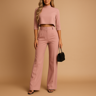 Completo da donna due pezzi con crop top a collo alto e pantaloni a gamba dritta 3