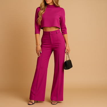 Completo da donna due pezzi con crop top a collo alto e pantaloni a gamba dritta 6