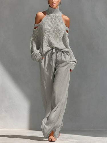 Completo donna con maglione a spalle scoperte e pantaloni a gamba larga 3