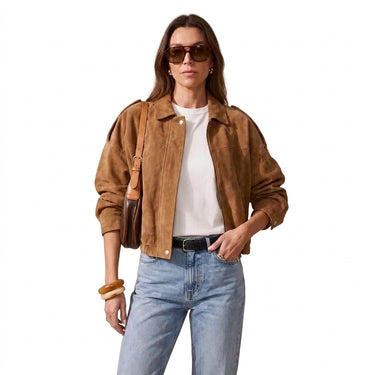 Giacca Bomber in Camoscio da Donna con Chiusura a Zip e Bottoni 1