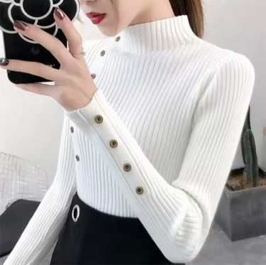 Maglione a costine da donna con collo alto e bottoni decorativi 6