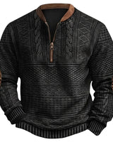 Maglione in maglia a motivi geometrici con zip a un quarto e toppe sui gomiti da uomo 1