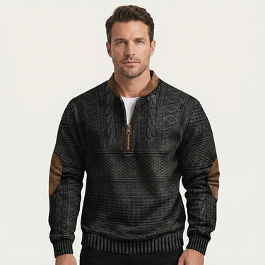 Maglione in maglia a motivi geometrici con zip a un quarto e toppe sui gomiti da uomo 2