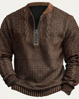 Maglione in maglia a motivi geometrici con zip a un quarto e toppe sui gomiti da uomo 3
