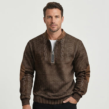 Maglione in maglia a motivi geometrici con zip a un quarto e toppe sui gomiti da uomo 4
