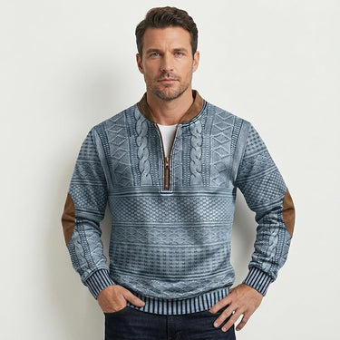 Maglione in maglia a motivi geometrici con zip a un quarto e toppe sui gomiti da uomo 8