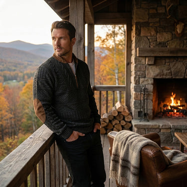 Maglione in maglia a motivi geometrici con zip a un quarto e toppe sui gomiti da uomo 9