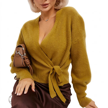 Maglione in maglia a portafoglio da donna con scollo a V e cintura in vita 1