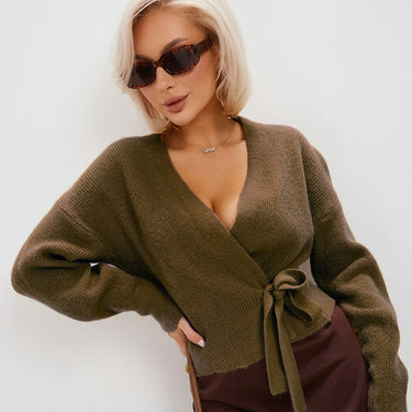 Maglione in maglia a portafoglio da donna con scollo a V e cintura in vita 5