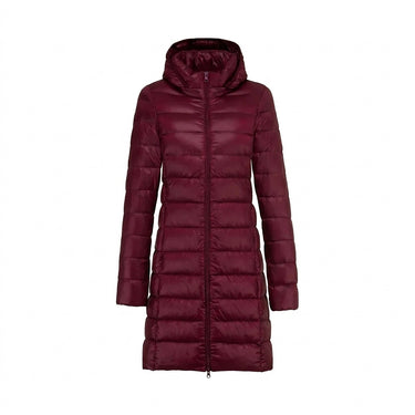 Piumino lungo da donna con cappuccio e chiusura a zip 1