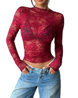 Top da donna a maniche lunghe in pizzo con collo alto 1