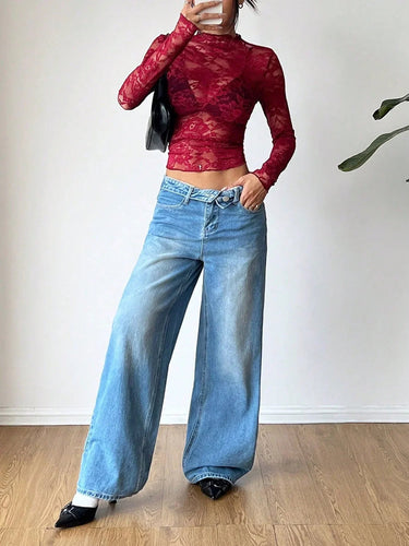 Top da donna a maniche lunghe in pizzo con collo alto 3