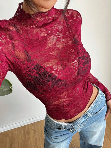 Top da donna a maniche lunghe in pizzo con collo alto 5