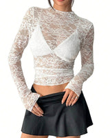 Top da donna a maniche lunghe in pizzo con collo alto 7