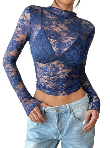 Top da donna a maniche lunghe in pizzo con collo alto 9