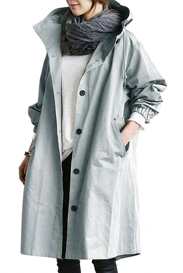 Trench coat da donna con cappuccio e chiusura a bottoni 1
