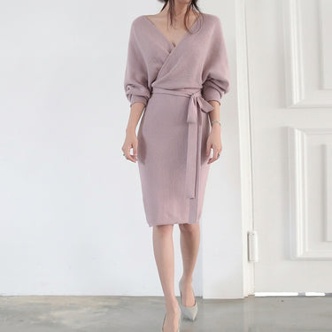 Abito midi a portafoglio in maglia da donna con cintura 4