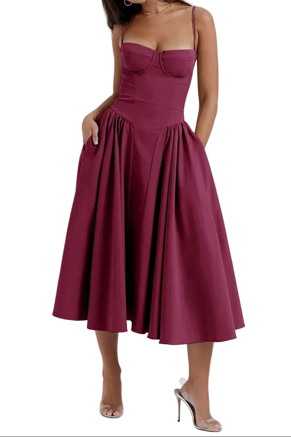 Abito midi da donna con corpetto a bustier e tasche laterali 1