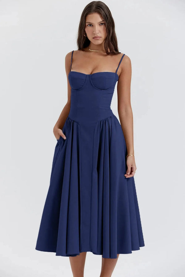 Abito midi da donna con corpetto a bustier e tasche laterali 2