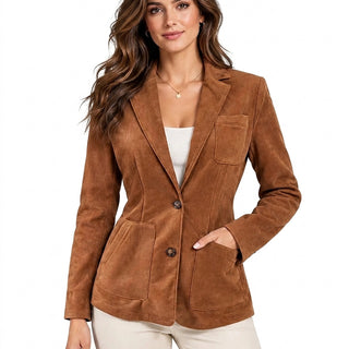 Blazer da donna in camoscio con tasche applicate 1