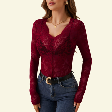Body a maniche lunghe in pizzo da donna con scollo a V smerlato 4