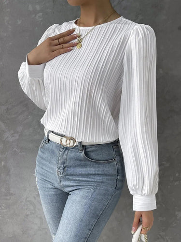 Camicetta plissettata a maniche lunghe da donna con chiusura a bottone sul retro 10