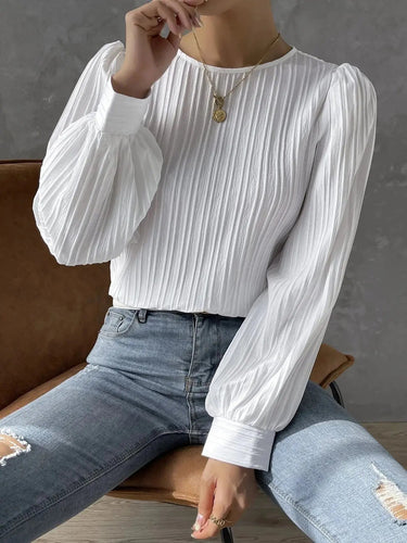 Camicetta plissettata a maniche lunghe da donna con chiusura a bottone sul retro 11
