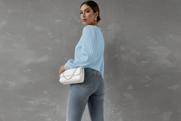 Camicetta plissettata a maniche lunghe da donna con chiusura a bottone sul retro 2