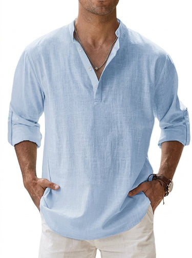 Camicia Henley da uomo a maniche lunghe con colletto alla coreana 1
