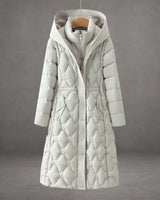 Cappotto imbottito lungo da donna con cappuccio e trapuntatura geometrica 2