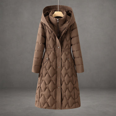Cappotto imbottito lungo da donna con cappuccio e trapuntatura geometrica 3