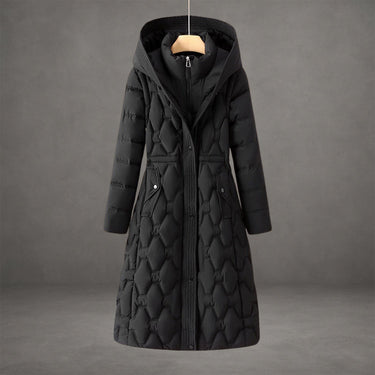 Cappotto imbottito lungo da donna con cappuccio e trapuntatura geometrica 4