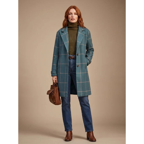 Cappotto lungo da donna a quadri con colletto a revers 2
