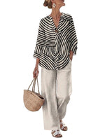 Completo Donna con Blusa a Righe e Pantaloni a Gamba Larga 1