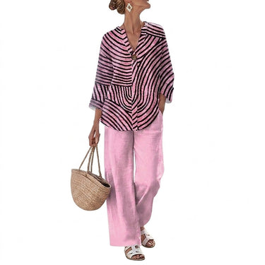 Completo Donna con Blusa a Righe e Pantaloni a Gamba Larga 5