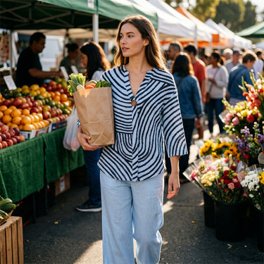Completo Donna con Blusa a Righe e Pantaloni a Gamba Larga 7