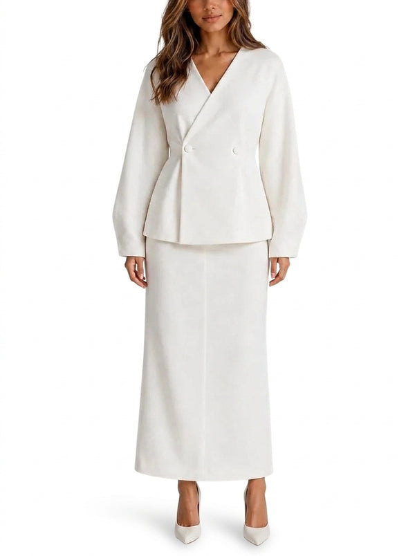 Completo coordinato da donna con blazer a peplo e gonna lunga 1