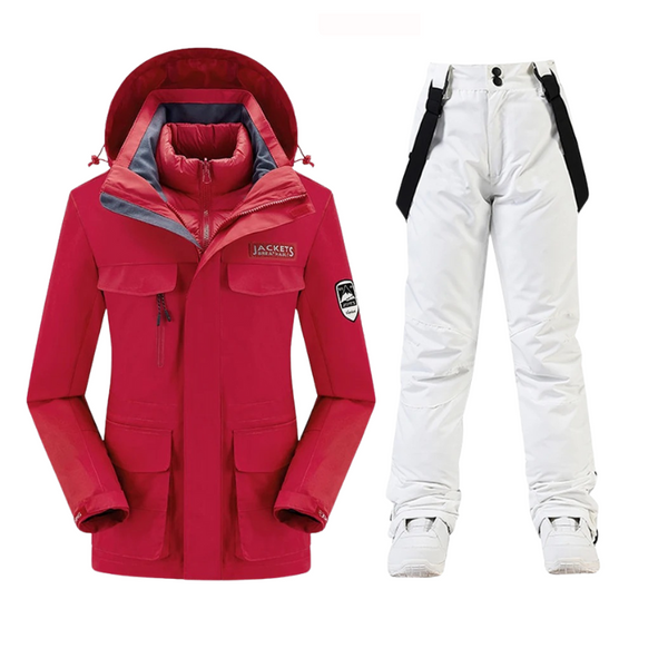 Completo da donna con giacca con cappuccio e pantaloni con bretelle 1