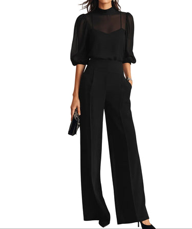 Completo da donna con top a collo alto trasparente e pantaloni a gamba larga 1