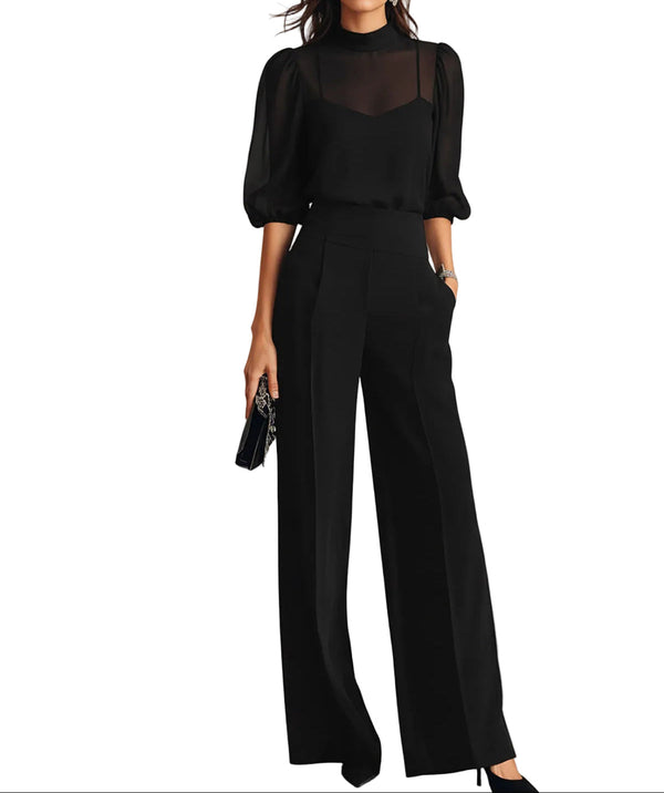 Completo da donna con top a collo alto trasparente e pantaloni a gamba larga 1